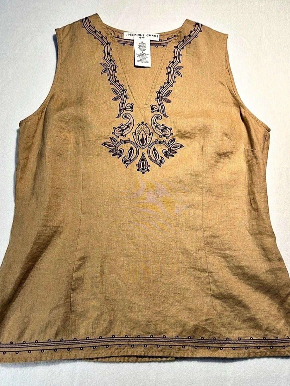 Vintage Josephine Chaus Sport 100% Linen Embroidered Top Size 8 Earthy Artsy Hip
